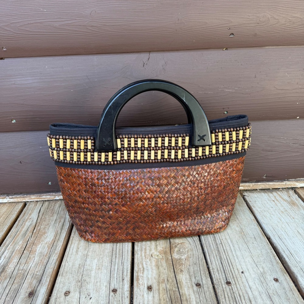 Vintage St. John's Bay Woven Straw Handbag Wooden Handle Beaded Accent Tote